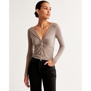 NWT Abercrombie & Fitch V-Neck Twist Draped Top Sz L Brown Neutral Essential